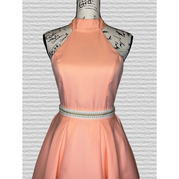 Lulus Peach Backless Skater Dress Womens SM High Neck Pearl Party Prom - Picture 3 of 11